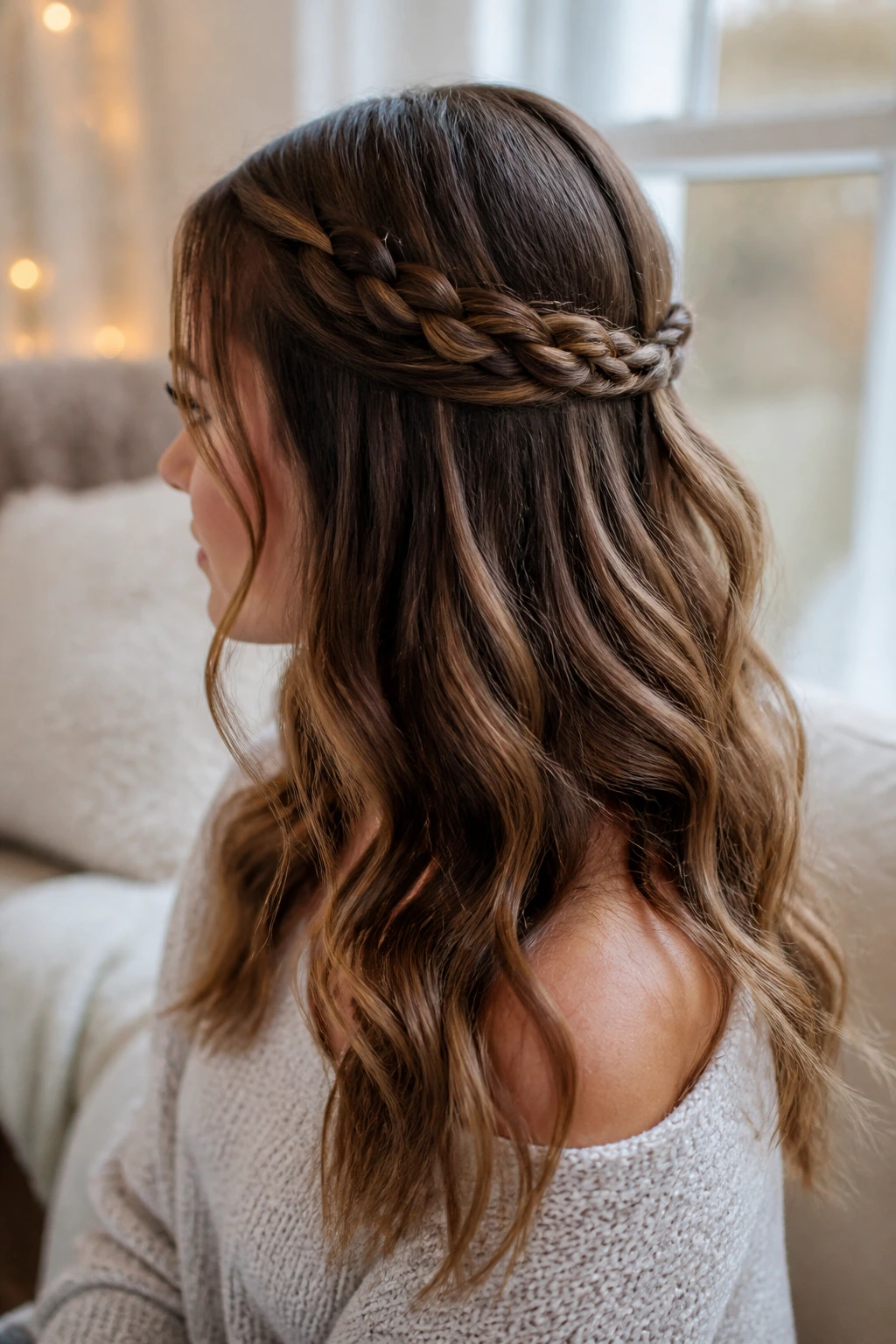 Close-up of a real woman wearing a half-up braided crown