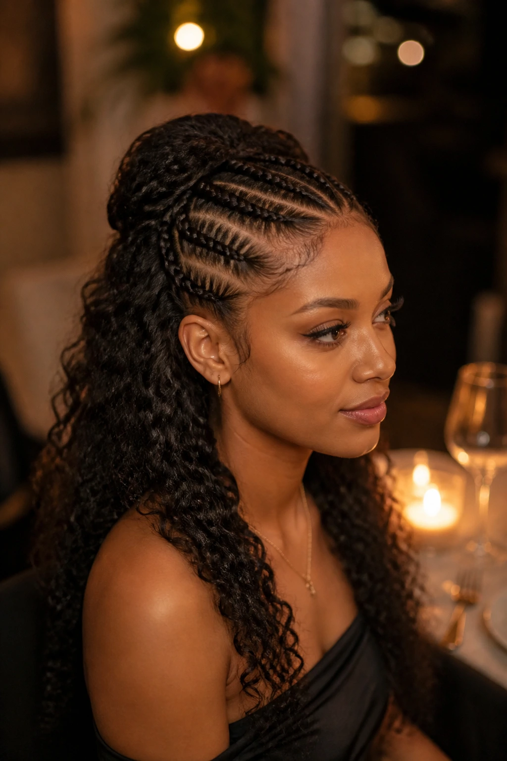 Portrait of a real woman with a cornrow crown and loose curls