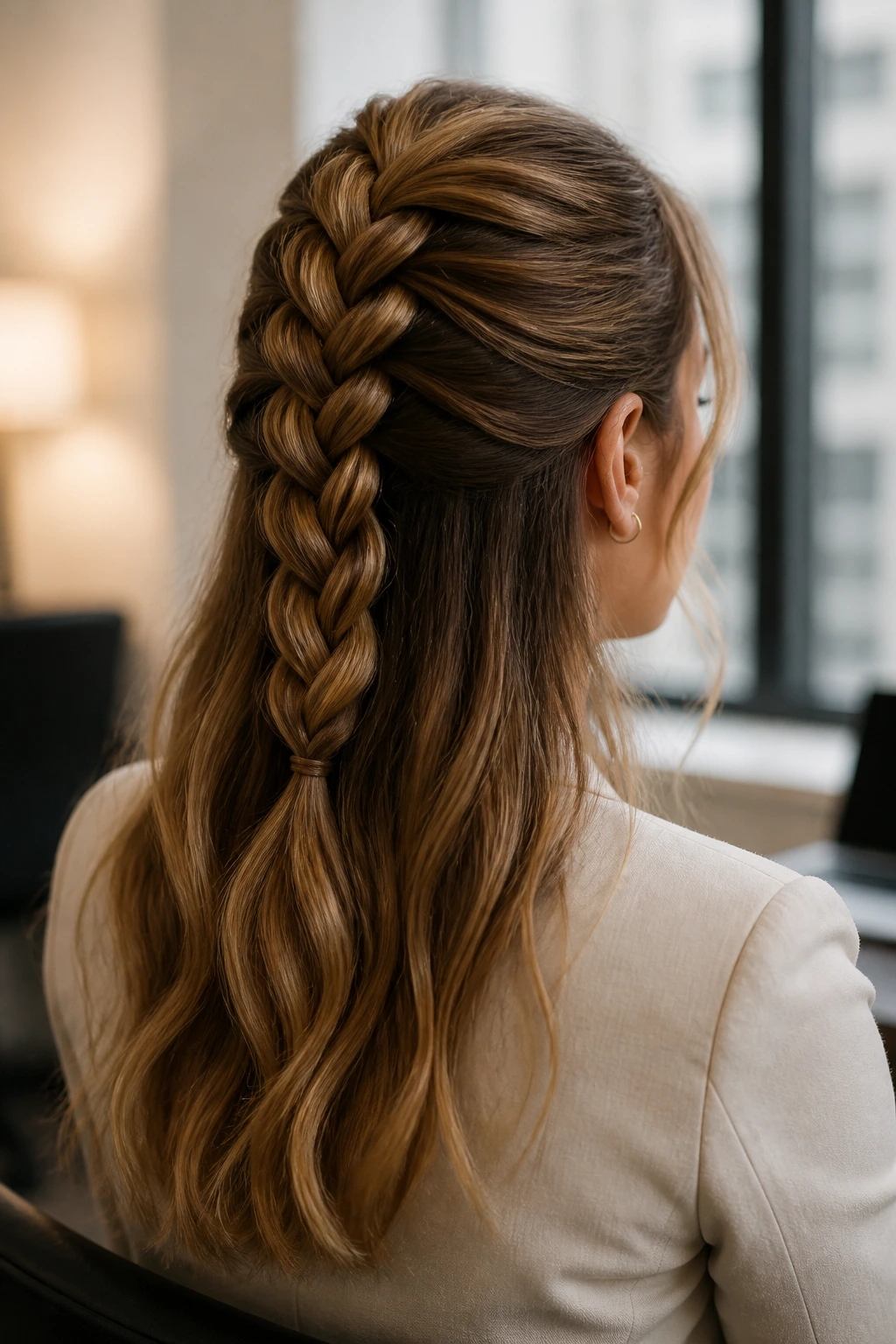 Close-up of a woman with a half-up Dutch braid in an office