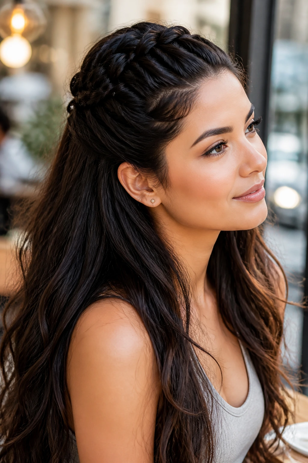 Close-up of a Latina woman with a half-up French braid in natural daylight