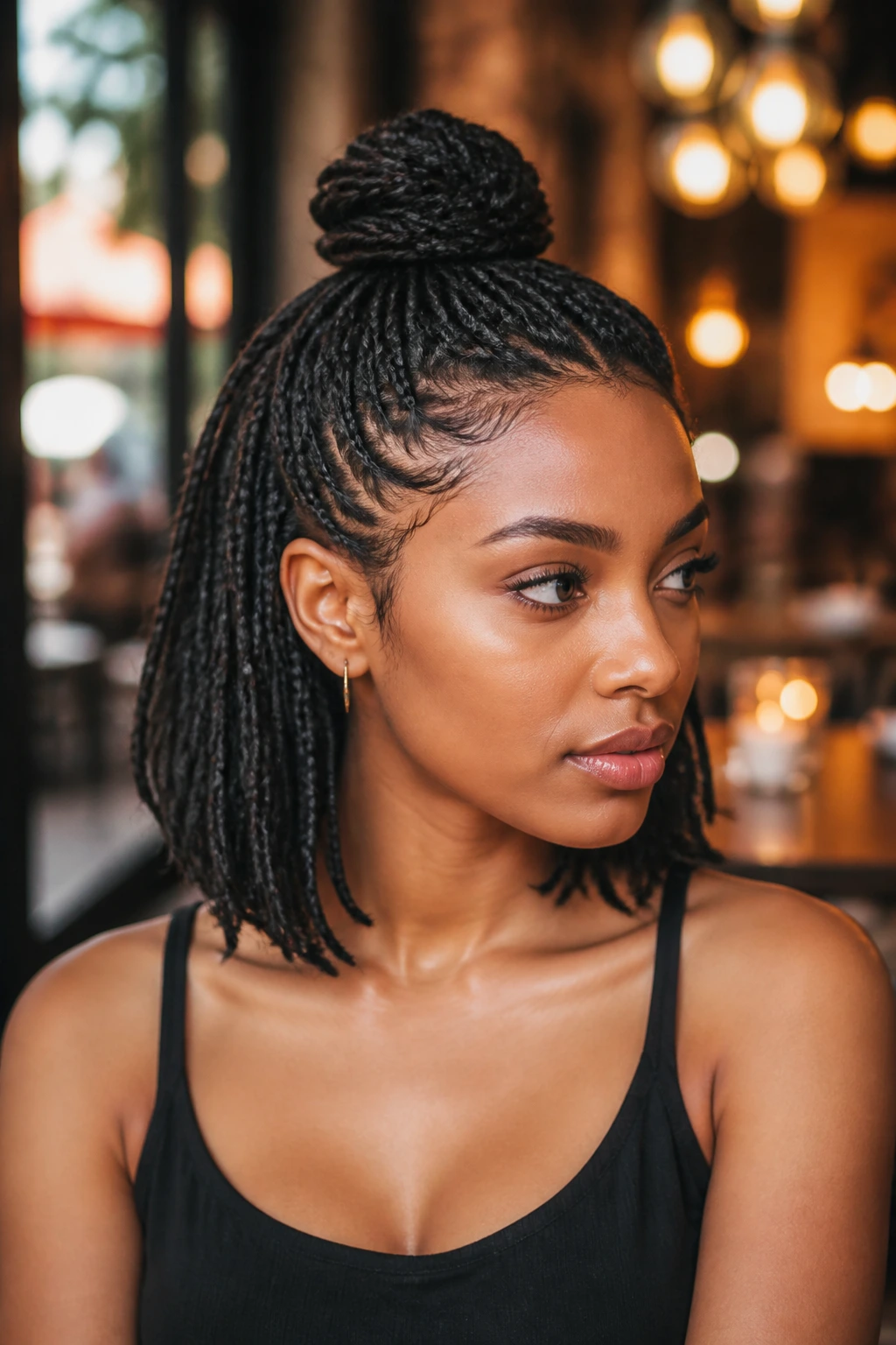 Close-up of a real woman with half-up half-down bob and top bun in cozy cafe lighting.