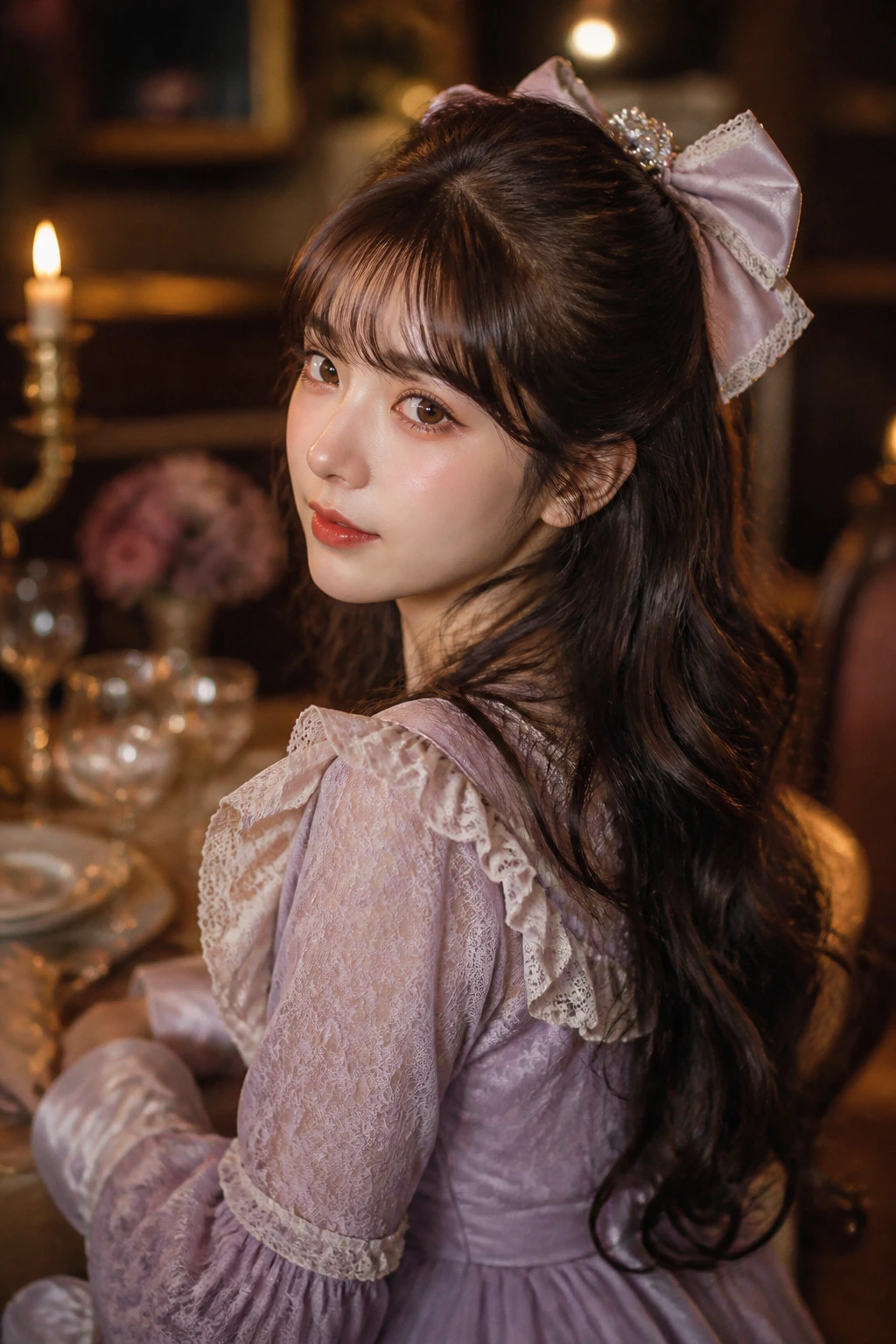 Close-up portrait of a real woman with half-up half-down hairstyle and a large bow clip