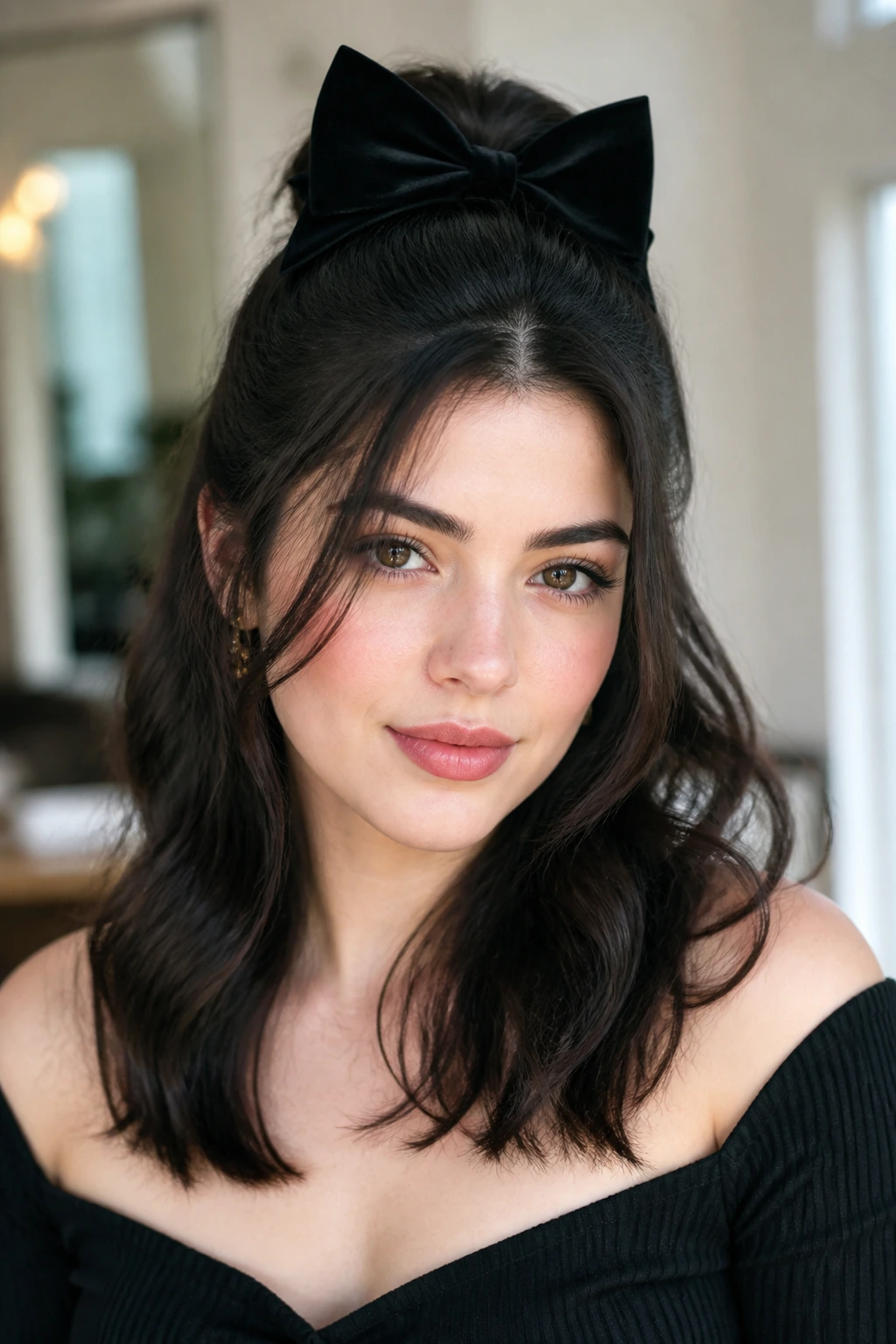 Portrait of a woman wearing a velvet bow in a half-up half-down hairstyle.