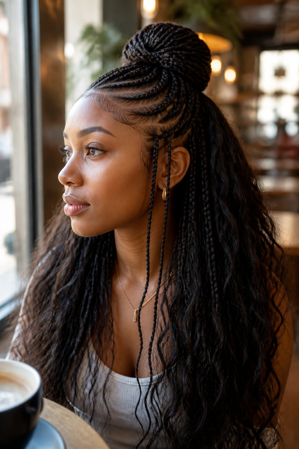 Close-up portrait of a real person with half-up half-down braids.