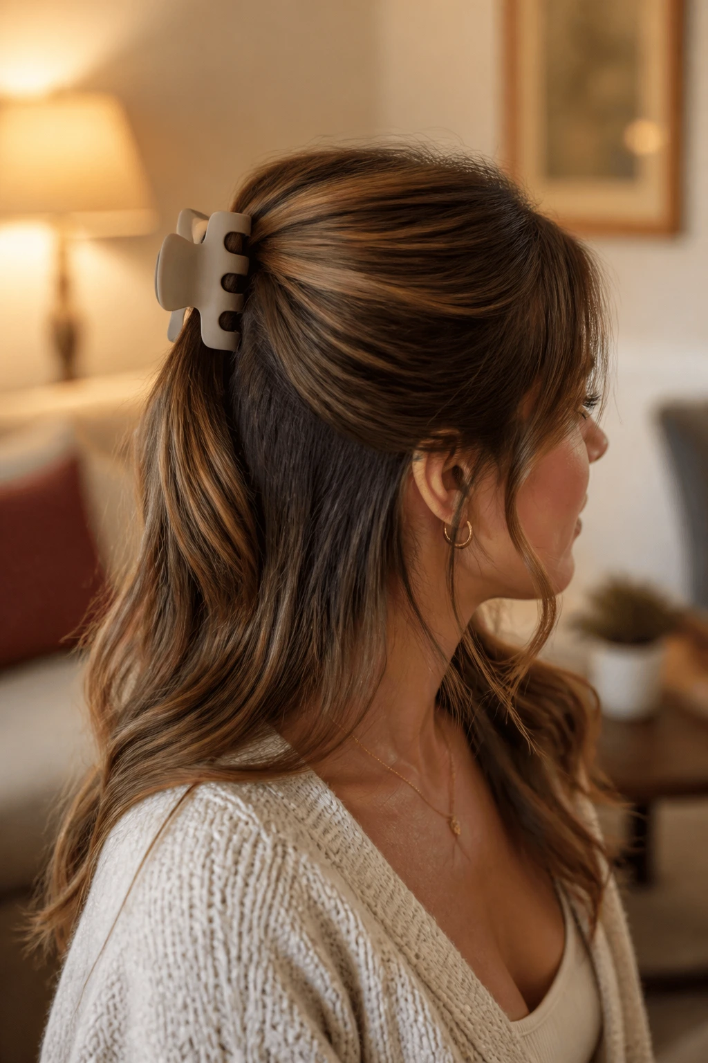 Real woman with half-up, half-down hairstyle secured by a claw clip.