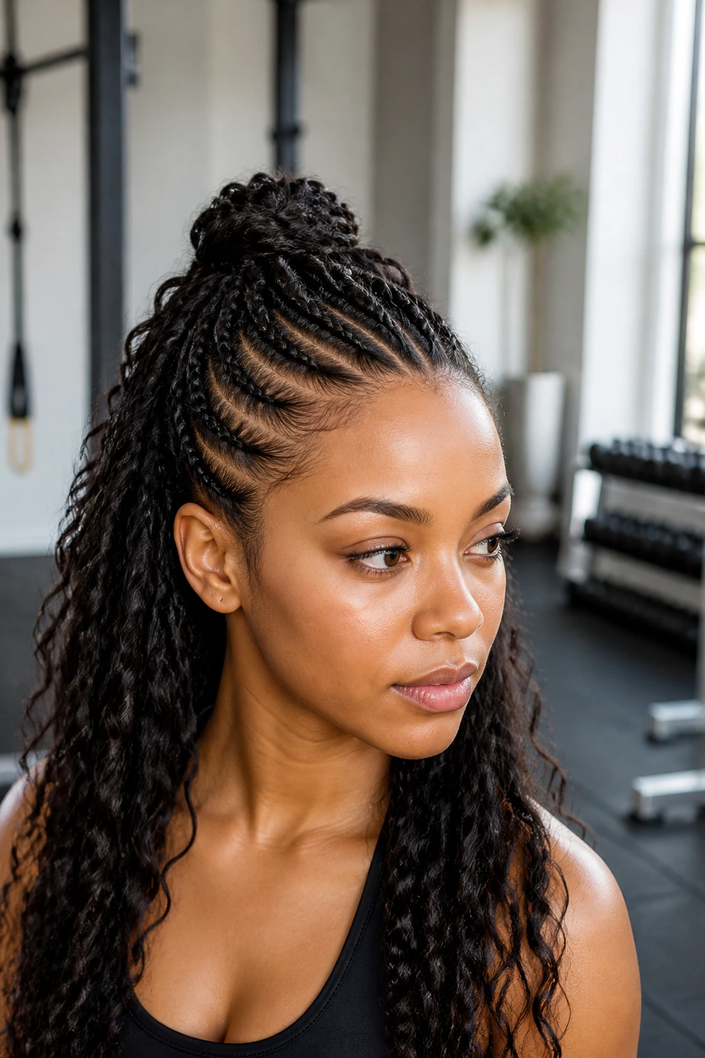 Close-up portrait of a real woman with half-up half-down goddess cornrows
