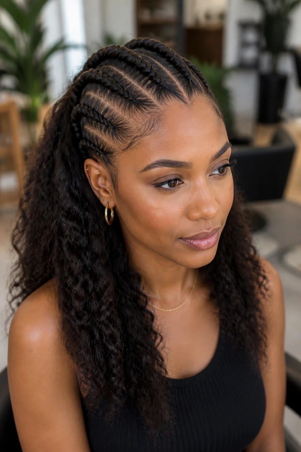 Real woman with front cornrows and back loose hair, half-up half-down style