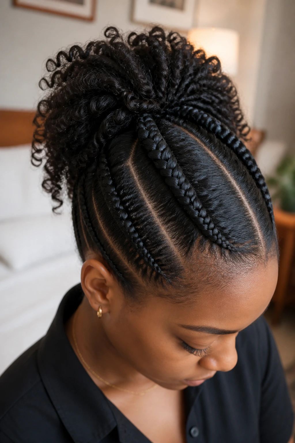 Close-up of half-up half-down cornrow arrangement on a real person