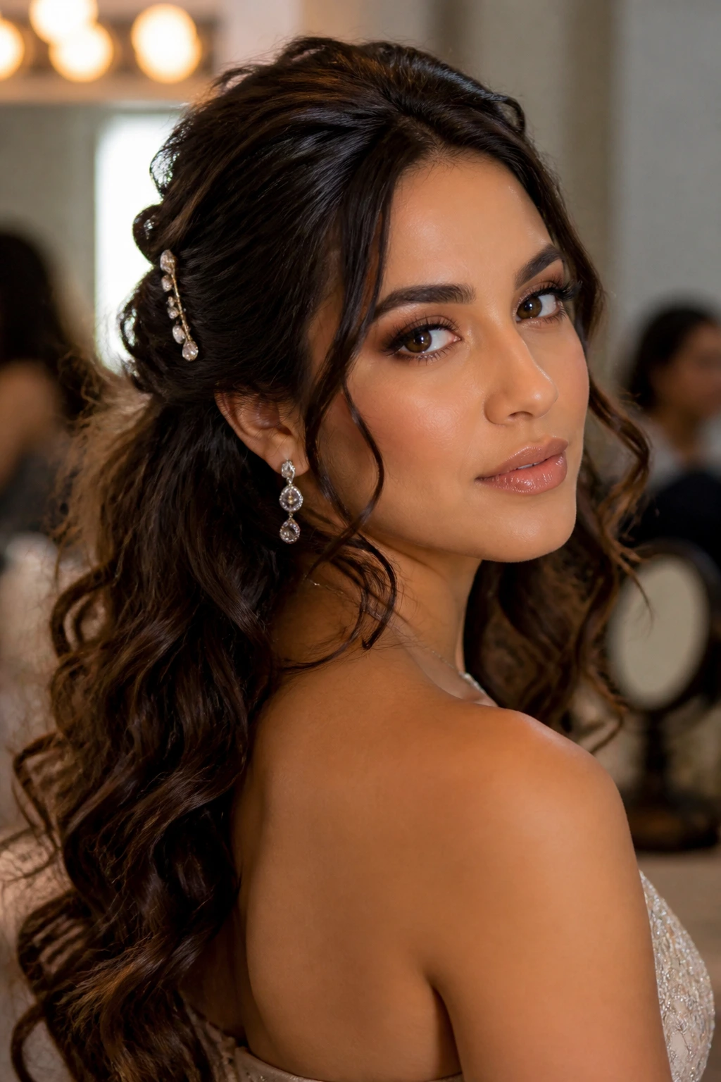 Latina woman with half-up half-down hairstyle and loose curls