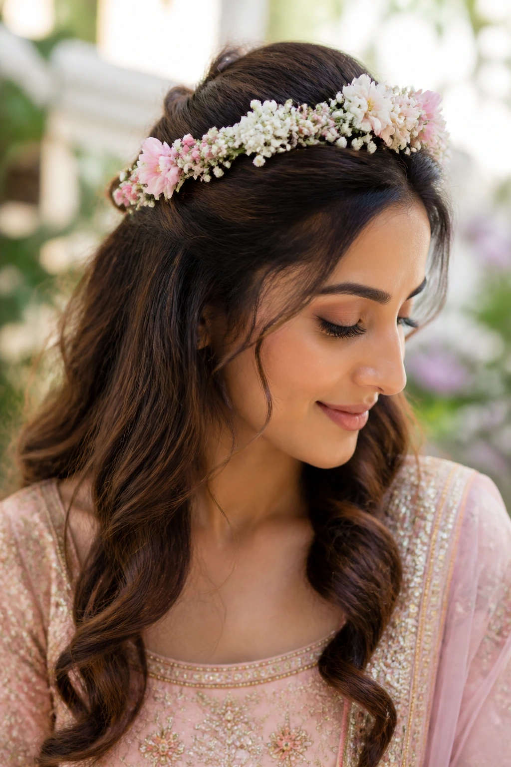 Real woman with half-up half-down hairstyle and floral crown.