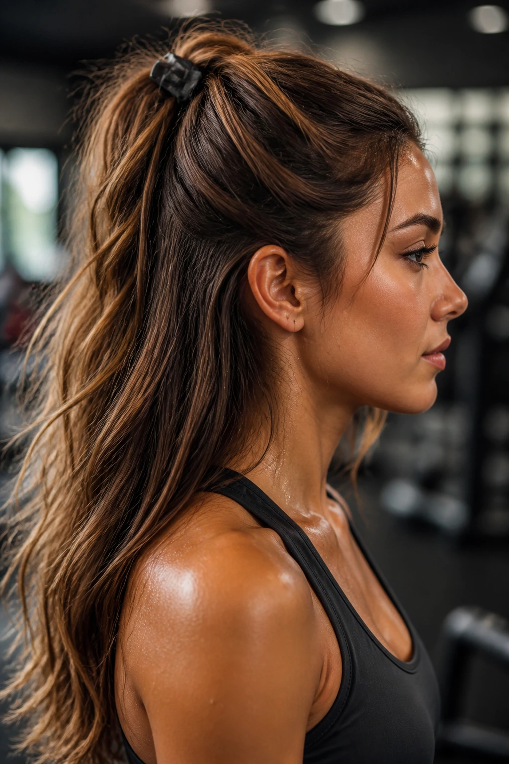 Close-up of a real woman with half-up half-down hairstyle clipped at the crown during a workout