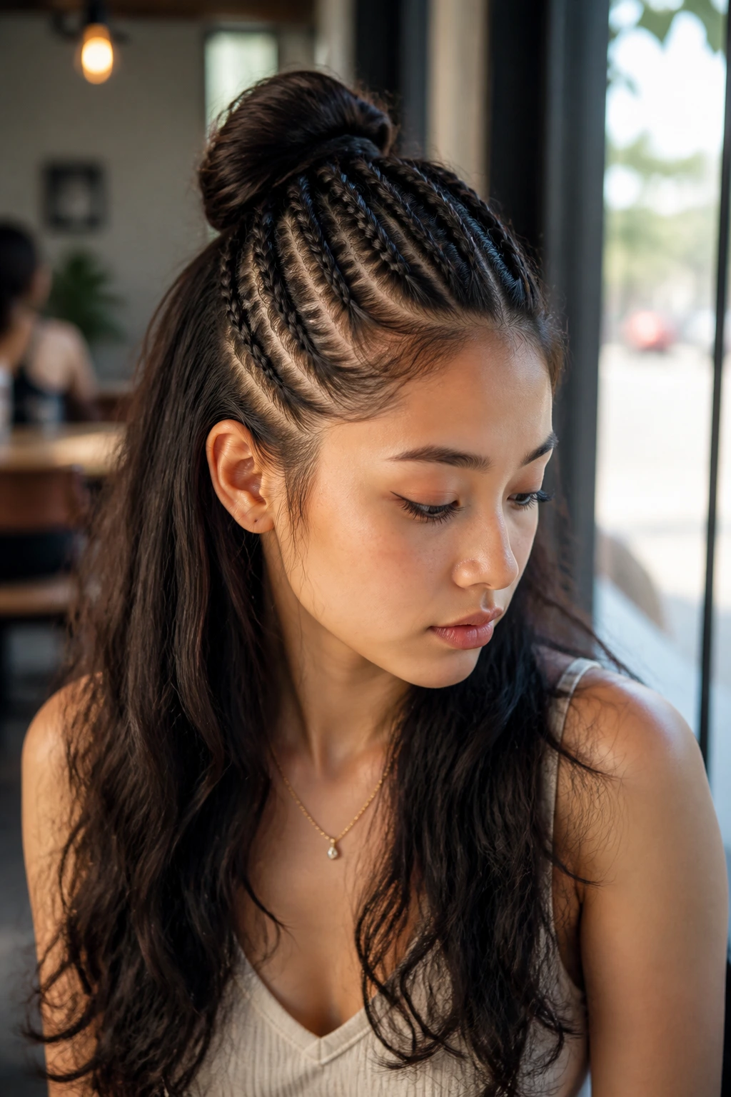 Close-up of a real person with half-up half-down rows in a cafe window light