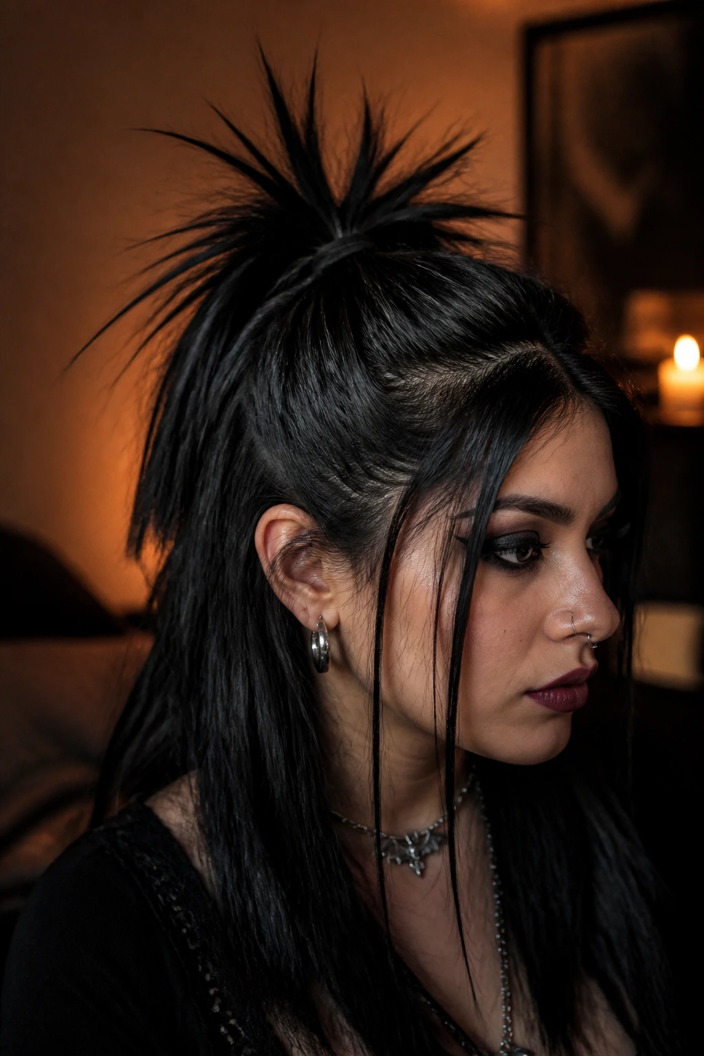 Close-up of a real woman with half-up half-down hairstyle and spiky ends