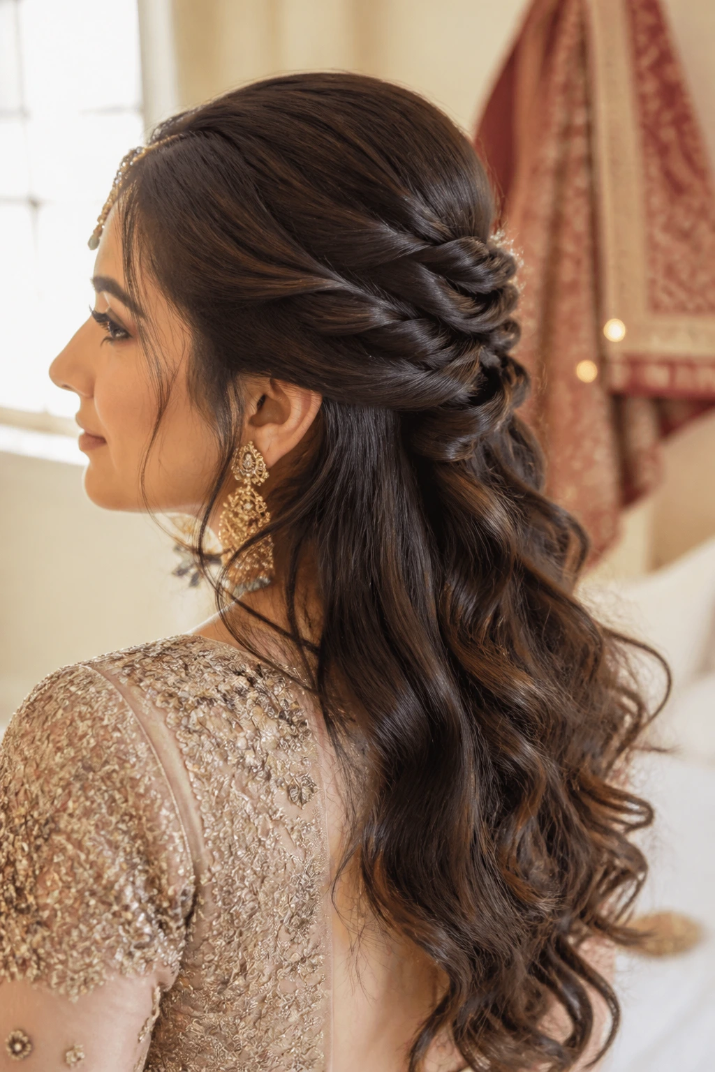 Portrait of a woman with half-up half-down hairstyle and twists