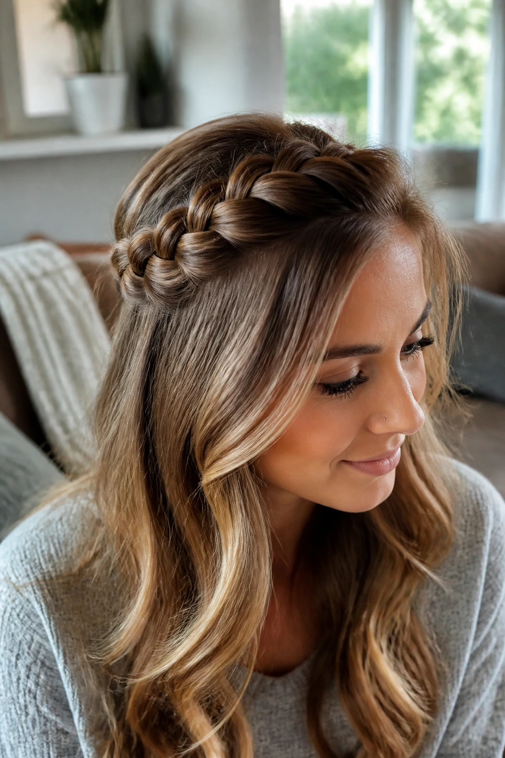 Real person with a half-up inverted braid showing length and highlight details.