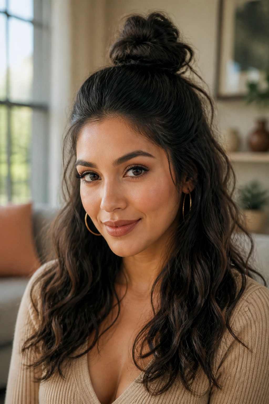Close-up of a real woman with a half-up top knot and loose hair.