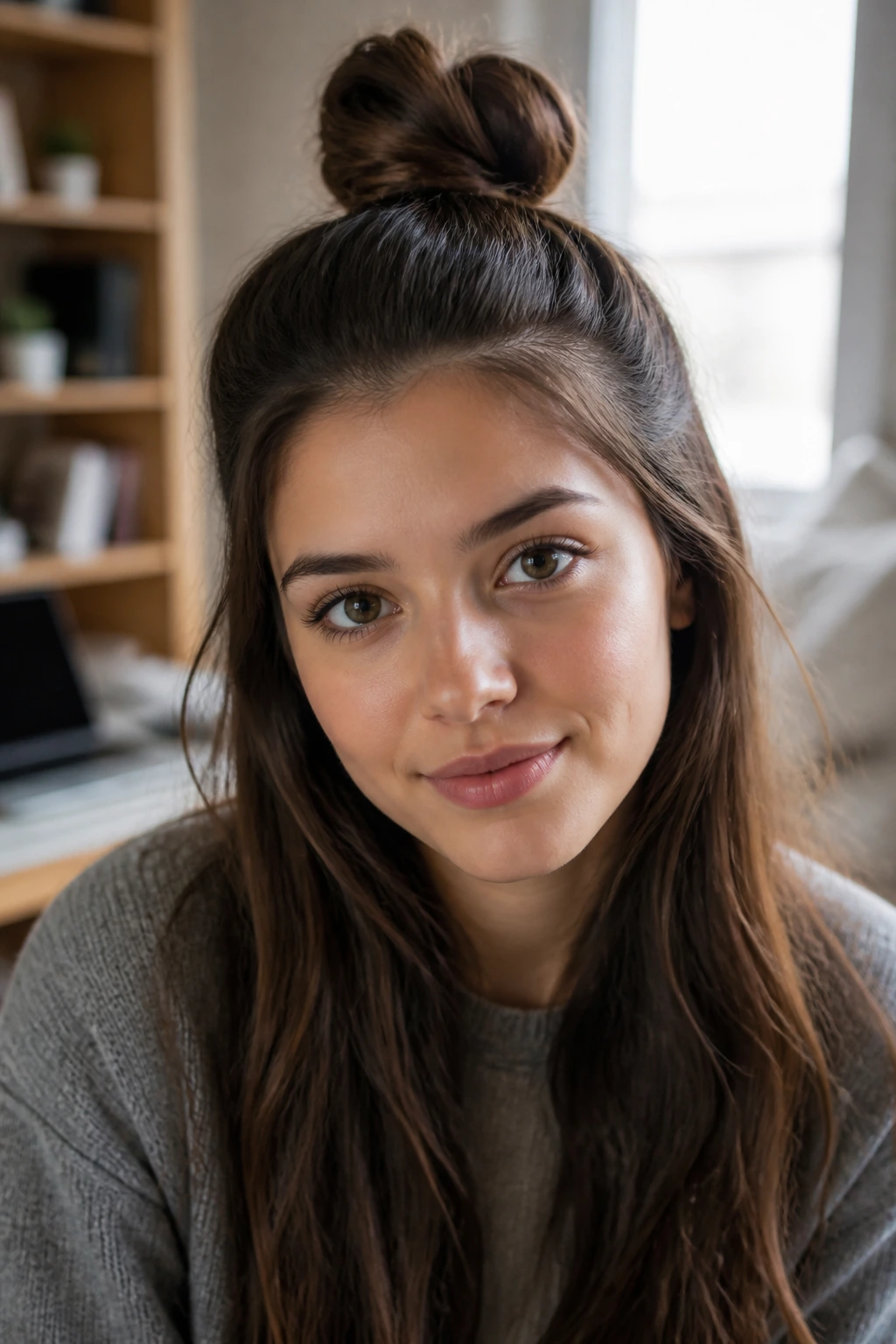 Close-up of real person with a half-up top knot and smooth roots