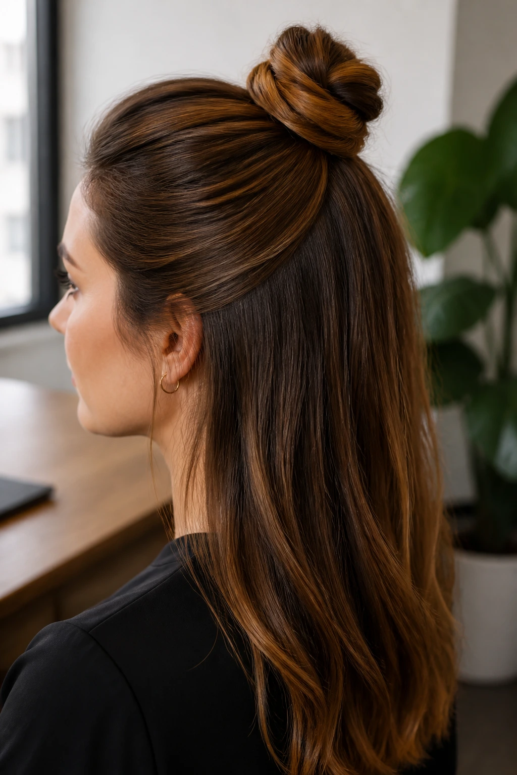 Close-up of a real woman with a tight half-up top knot in an office setting