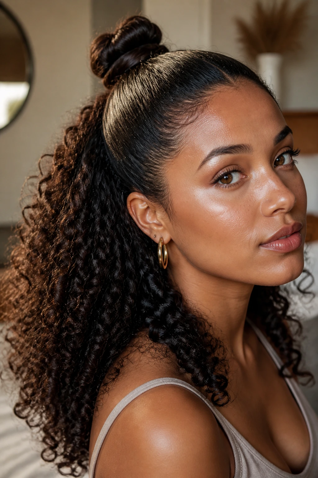 Close-up of a person with a sleek half-up knot hairstyle