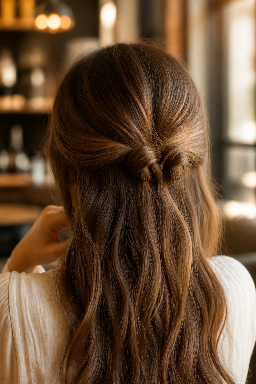 Back of head showing half-up knotted style on real person