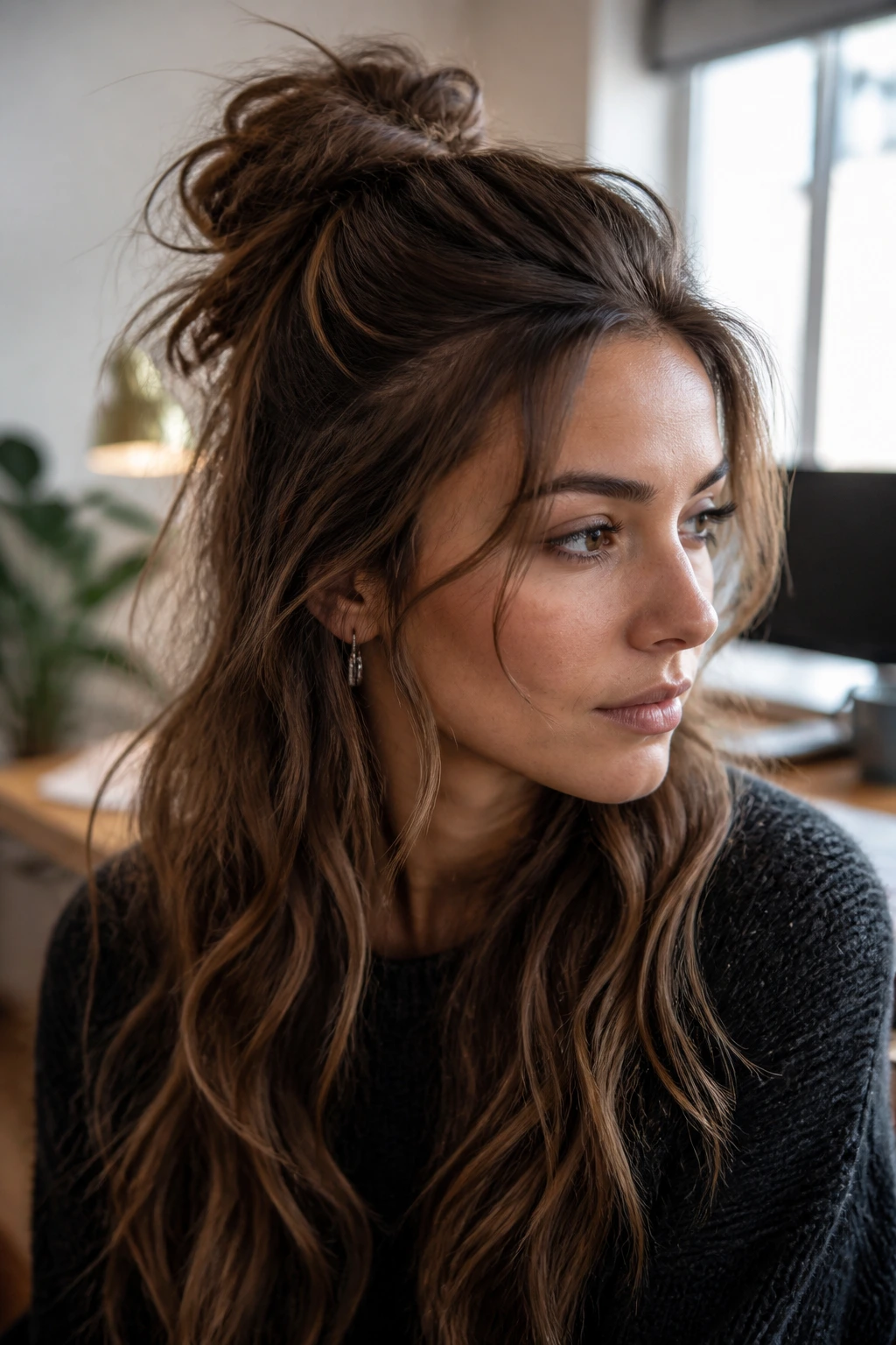 Close-up of a real woman with a half-up messy twist hairstyle in office light