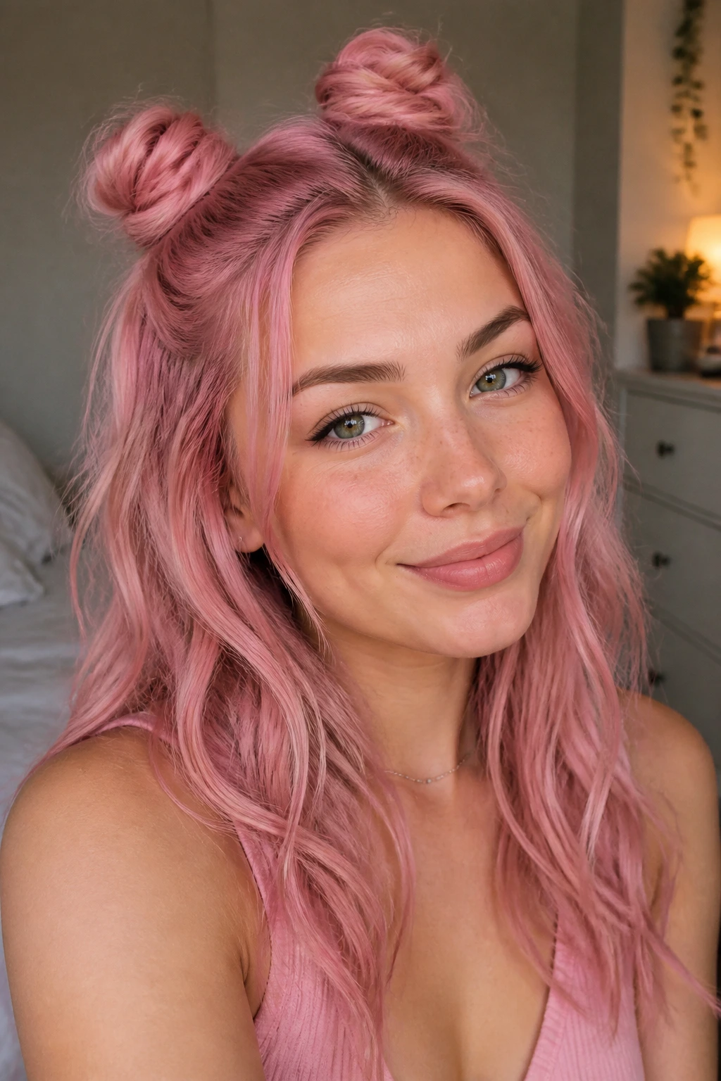 Real person with pink half-up mini buns close-up portrait