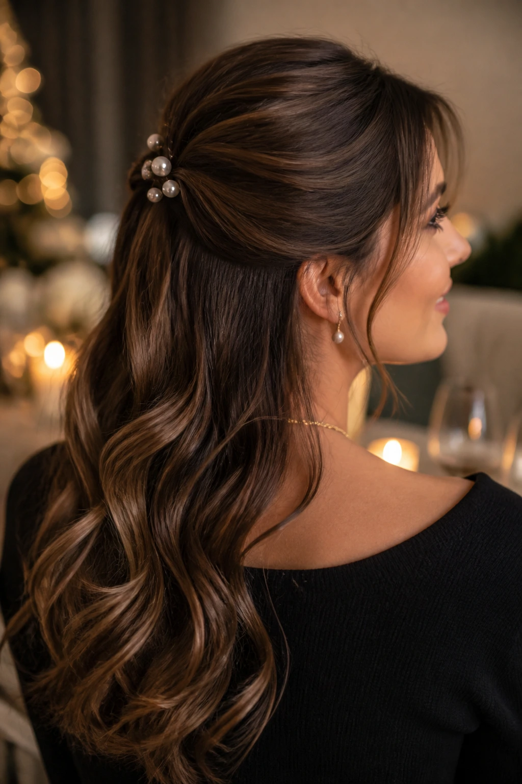 Close-up of a real woman wearing a half-up hairstyle with pearl pins