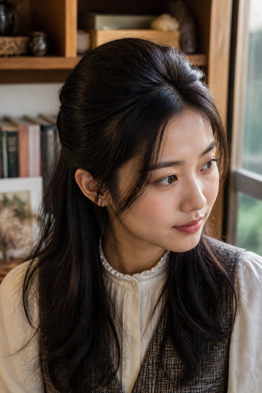 Close-up portrait of a woman showing the half-up poof hairstyle with crown volume in warm cottage study lighting.