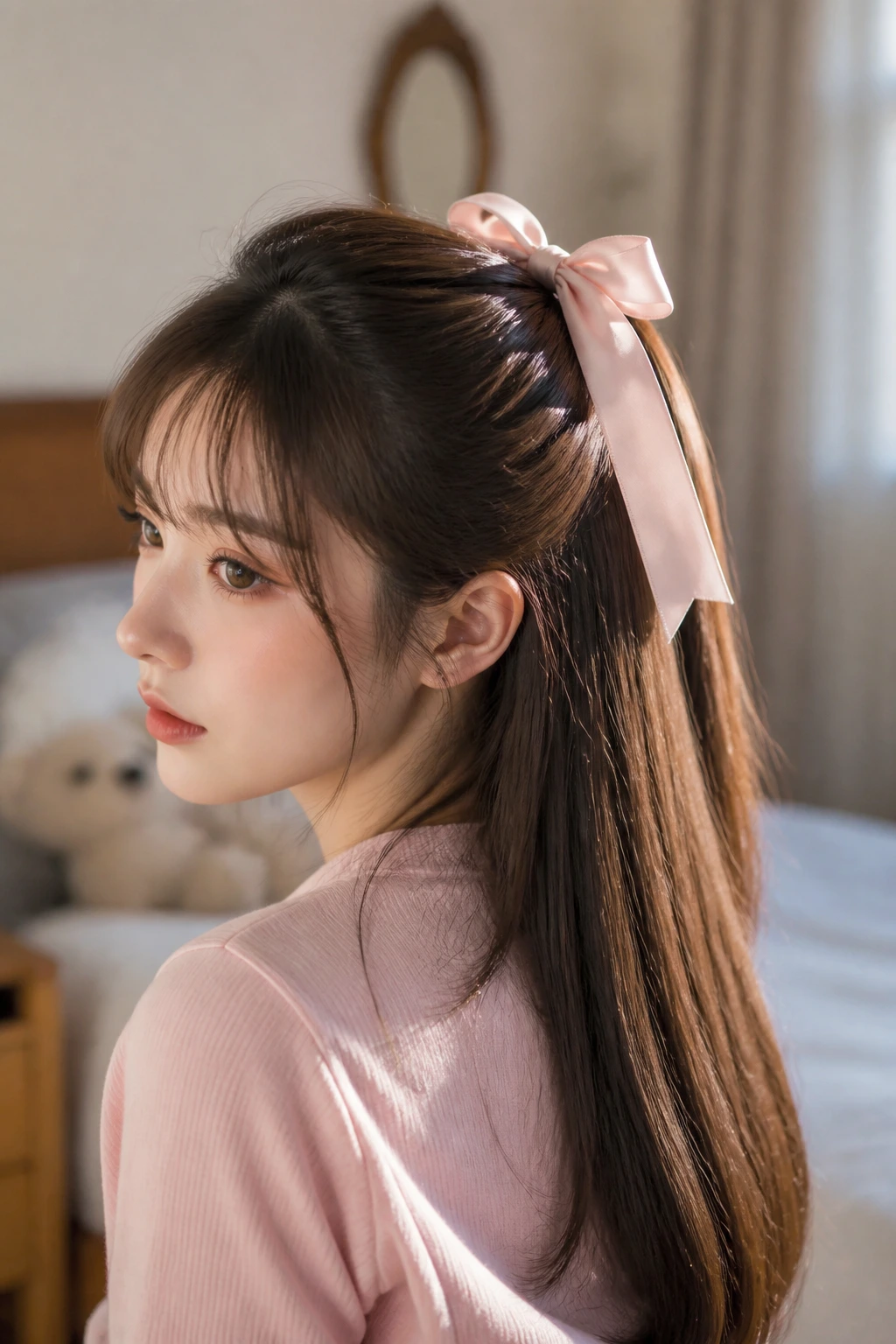 Close-up of a real woman showing the classic half-up ribbon tie with a large bow.