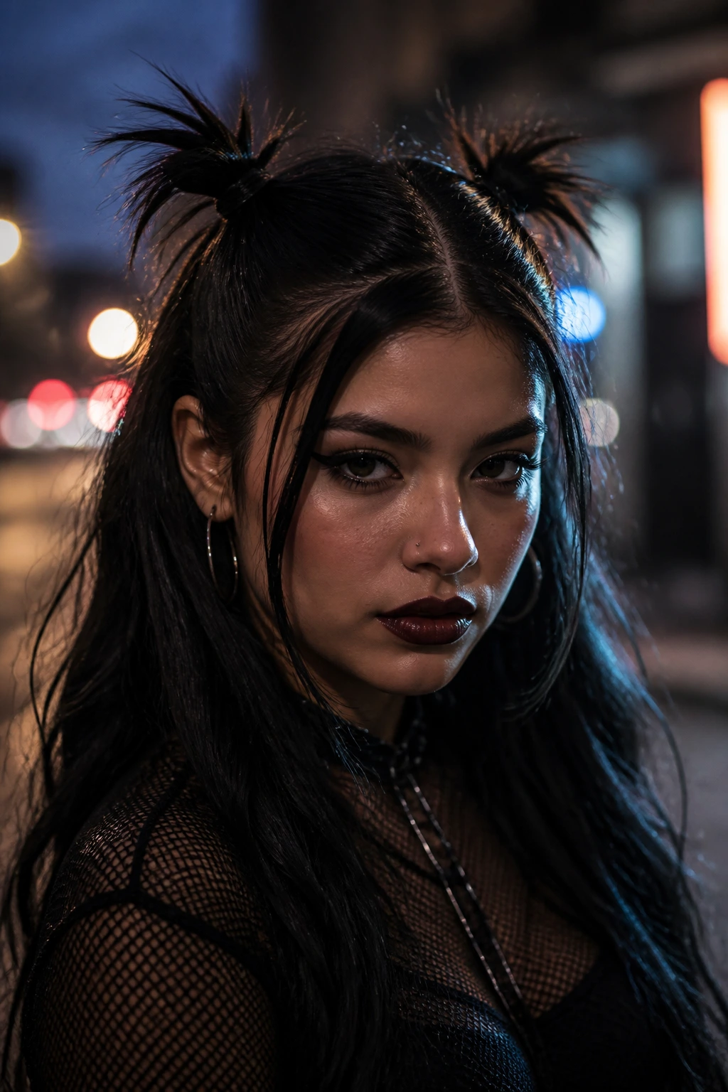 Latina woman with half-up spiked pigtails, moody city backdrop