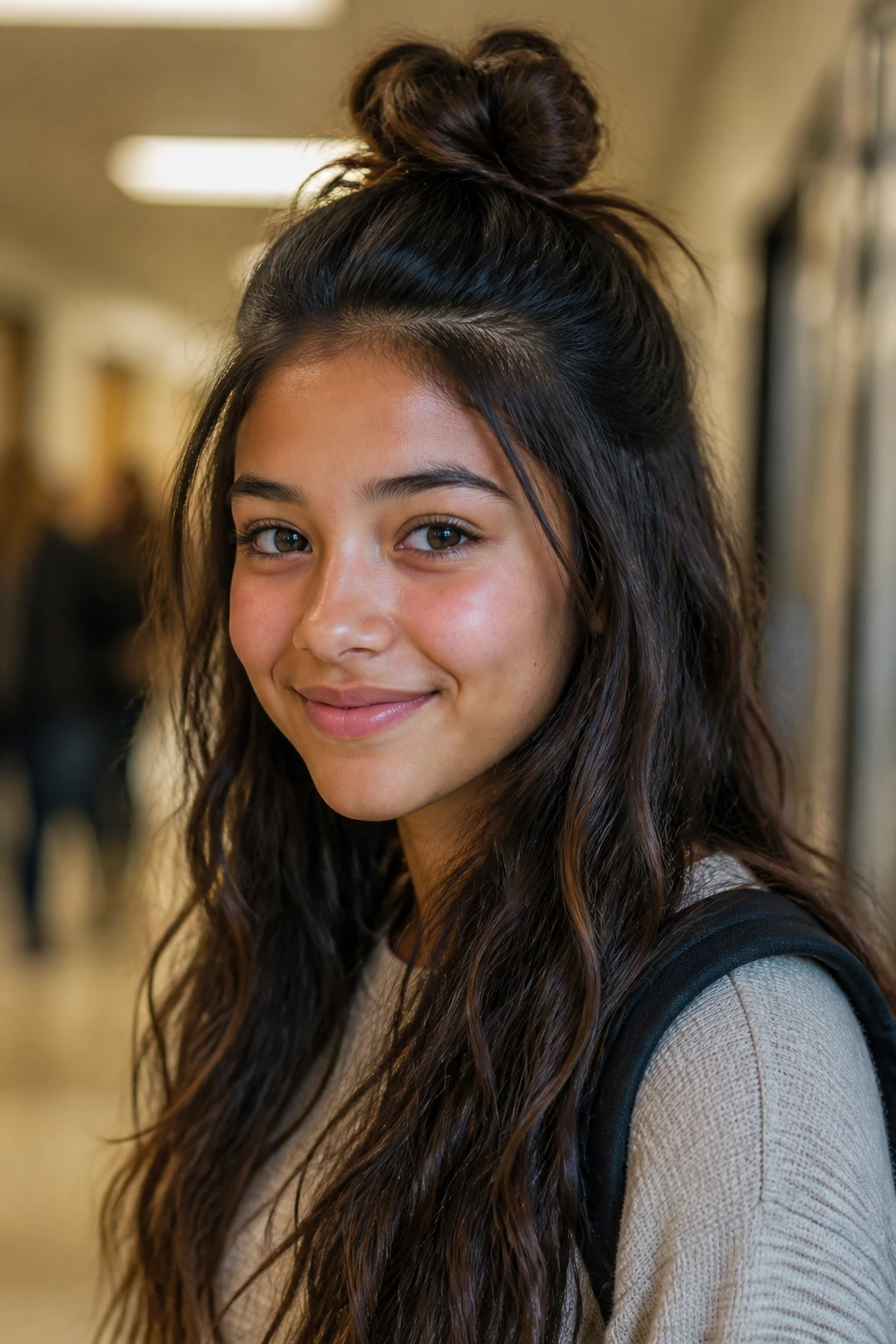 Close-up of teen with half-up top knot hairstyle