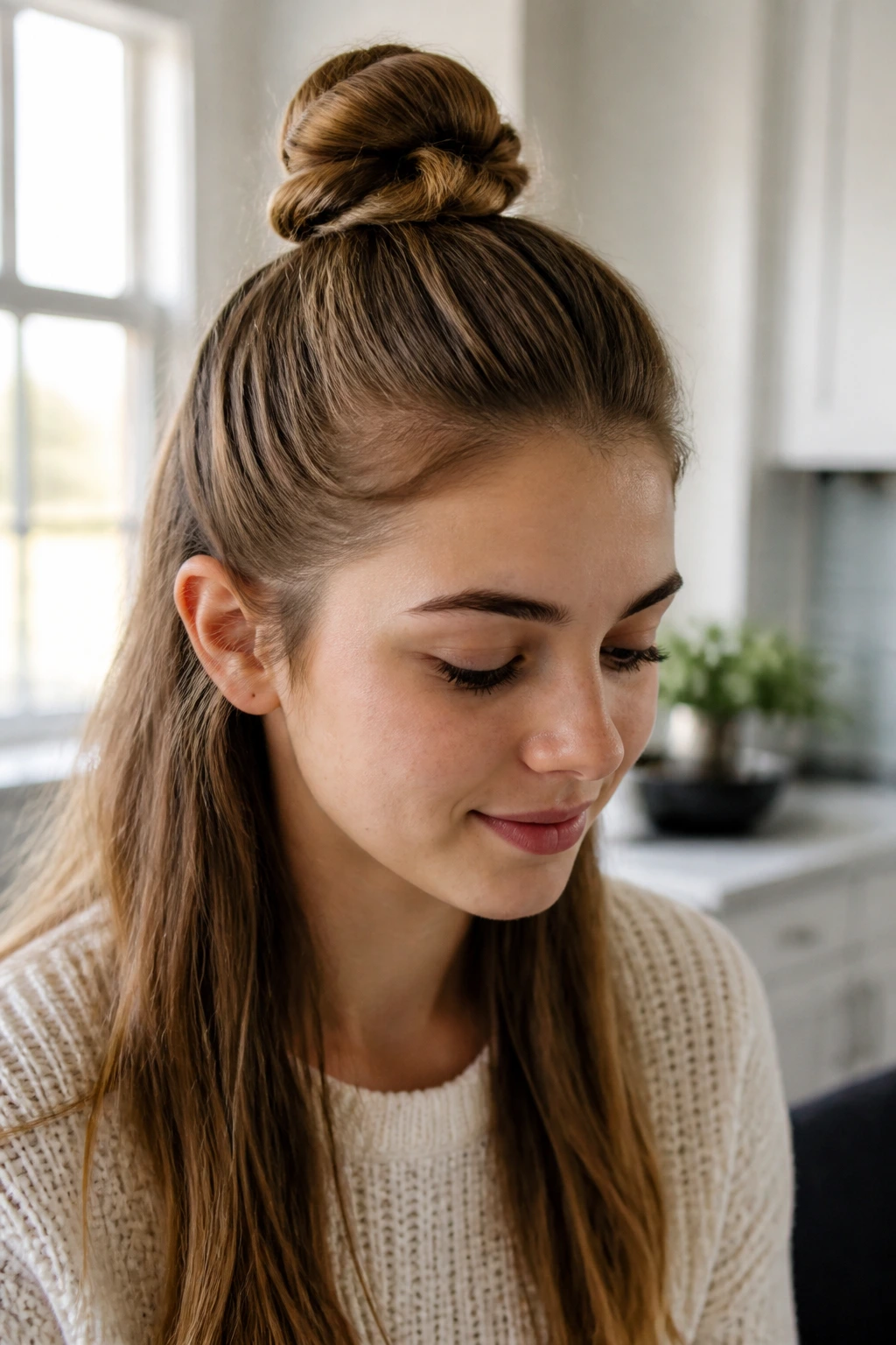 Close-up of real person with a half-up top knot against soft window light