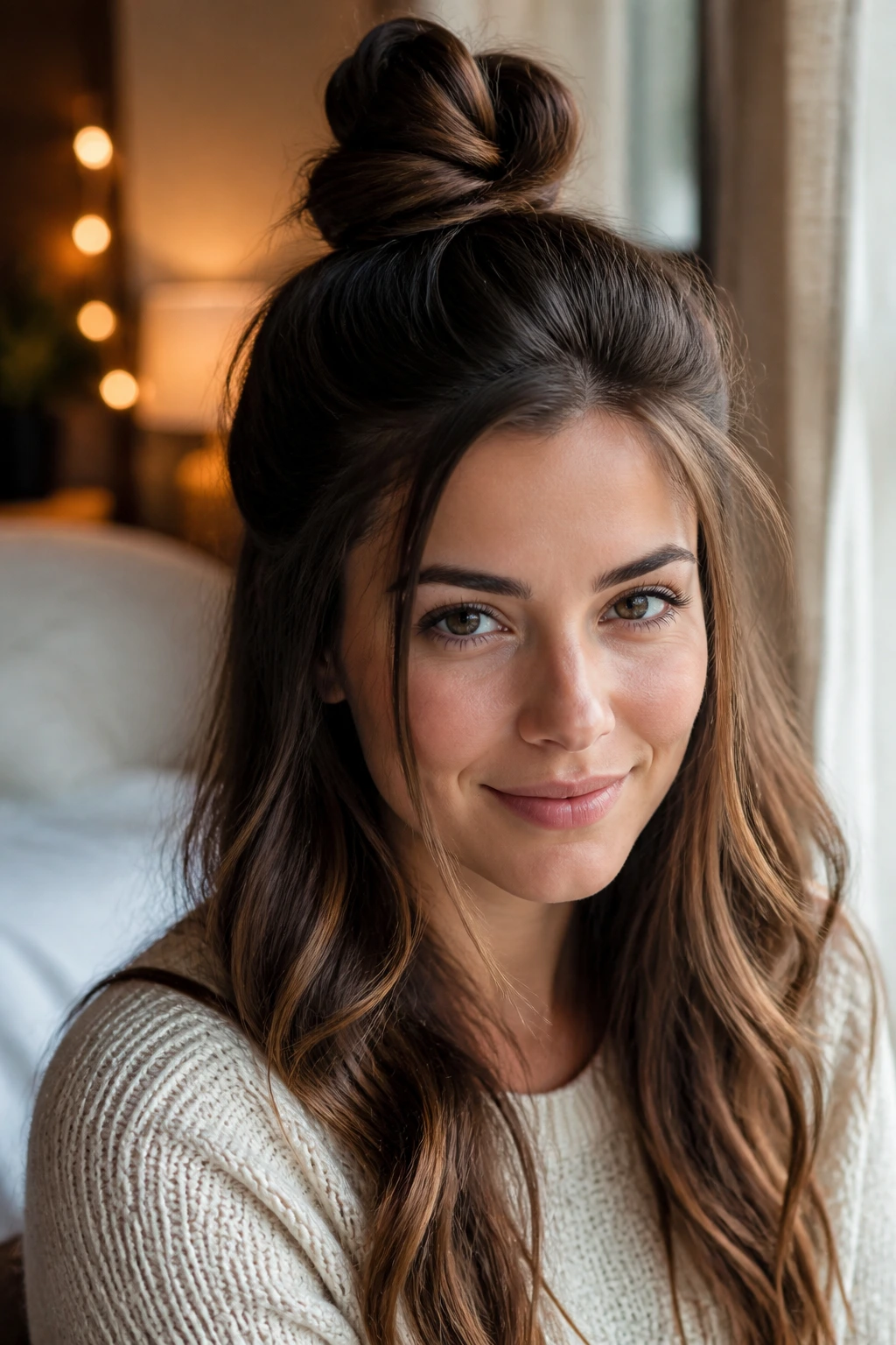 Close-up of a real woman with a half-up top knot hairstyle in warm window light