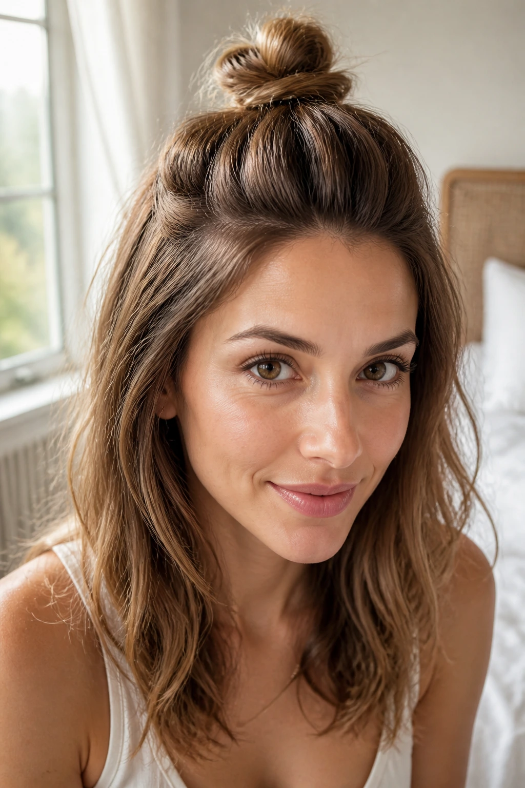 Real woman showing a half-up mini top knot with crown fullness