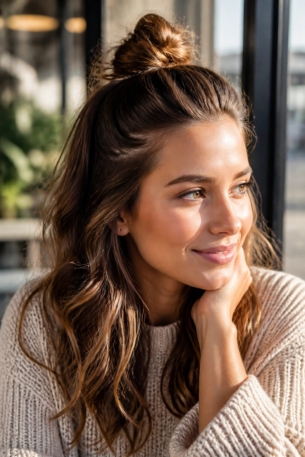 Close-up of a real woman with a half-up top knot and loose waves in natural light