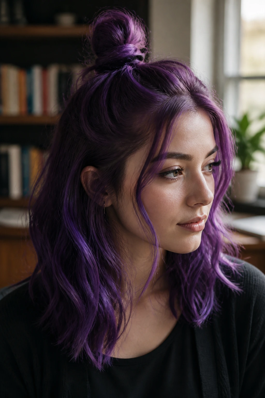 Close-up of a real woman with amethyst hair in a half-up top knot and loose waves