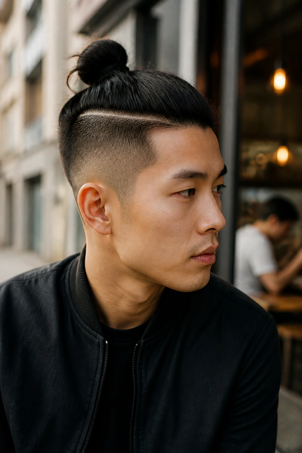 Asian man with half-up top knot and shaved sides