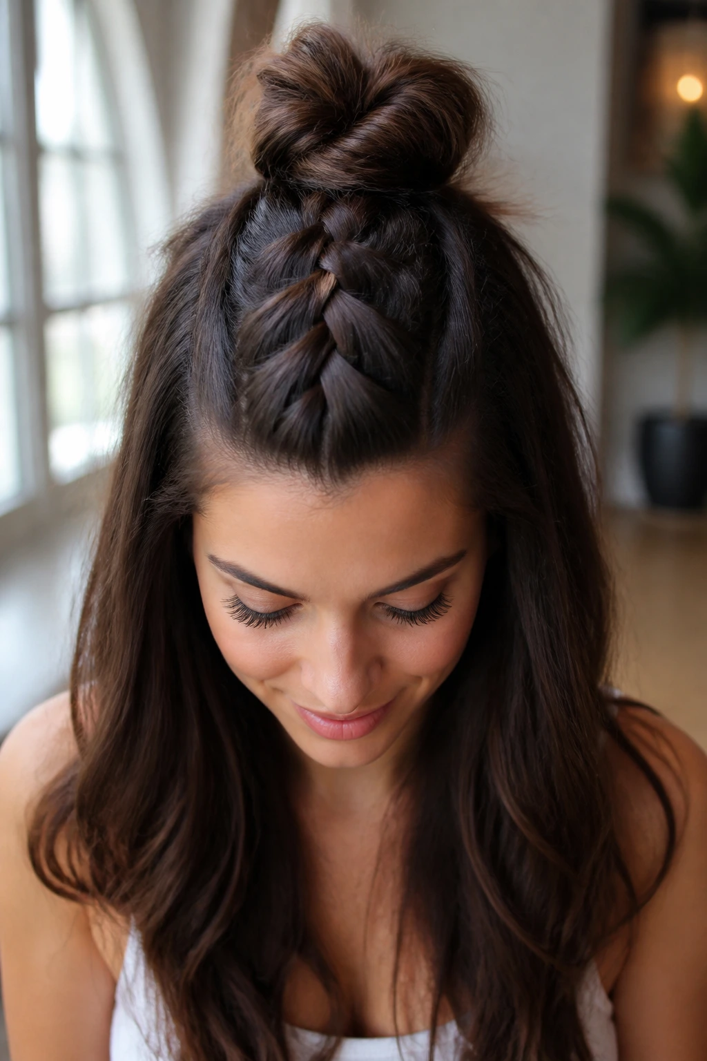 Close-up of a real woman with a half-up top knot braided base hairstyle