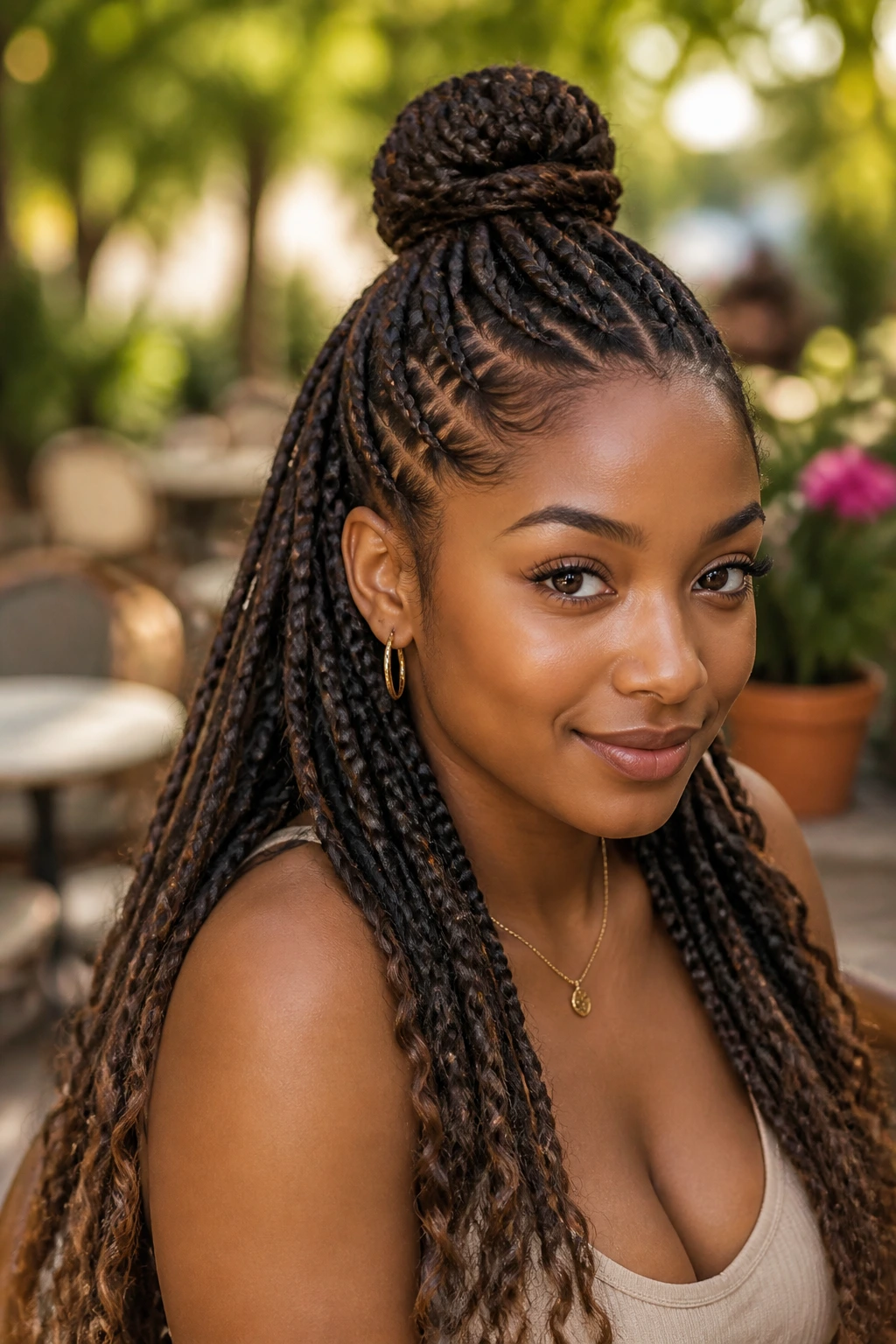 Portrait of a woman with half-up braided top knot outdoors