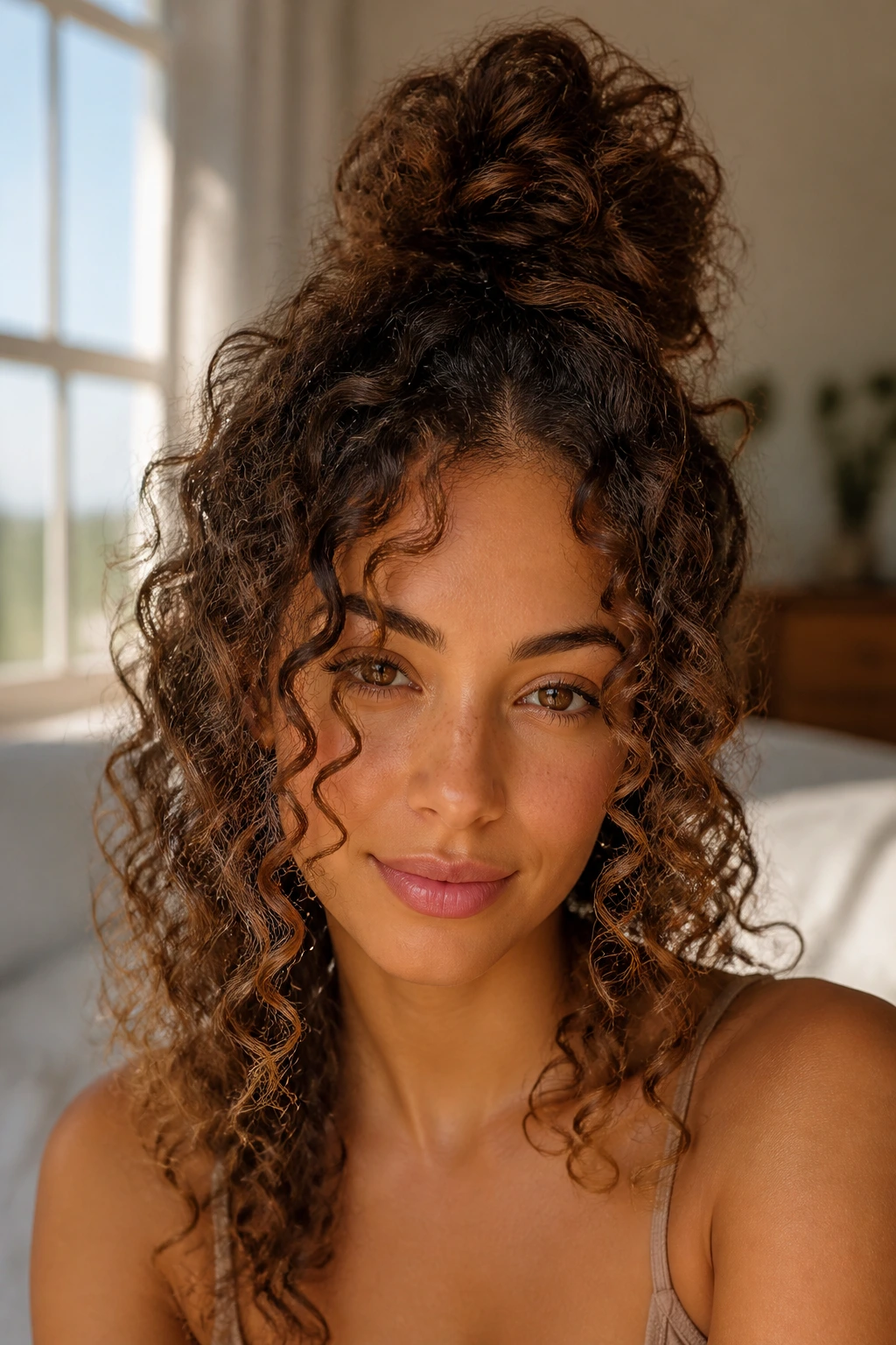 Close-up of a real woman wearing a half-up top knot with cascading curls