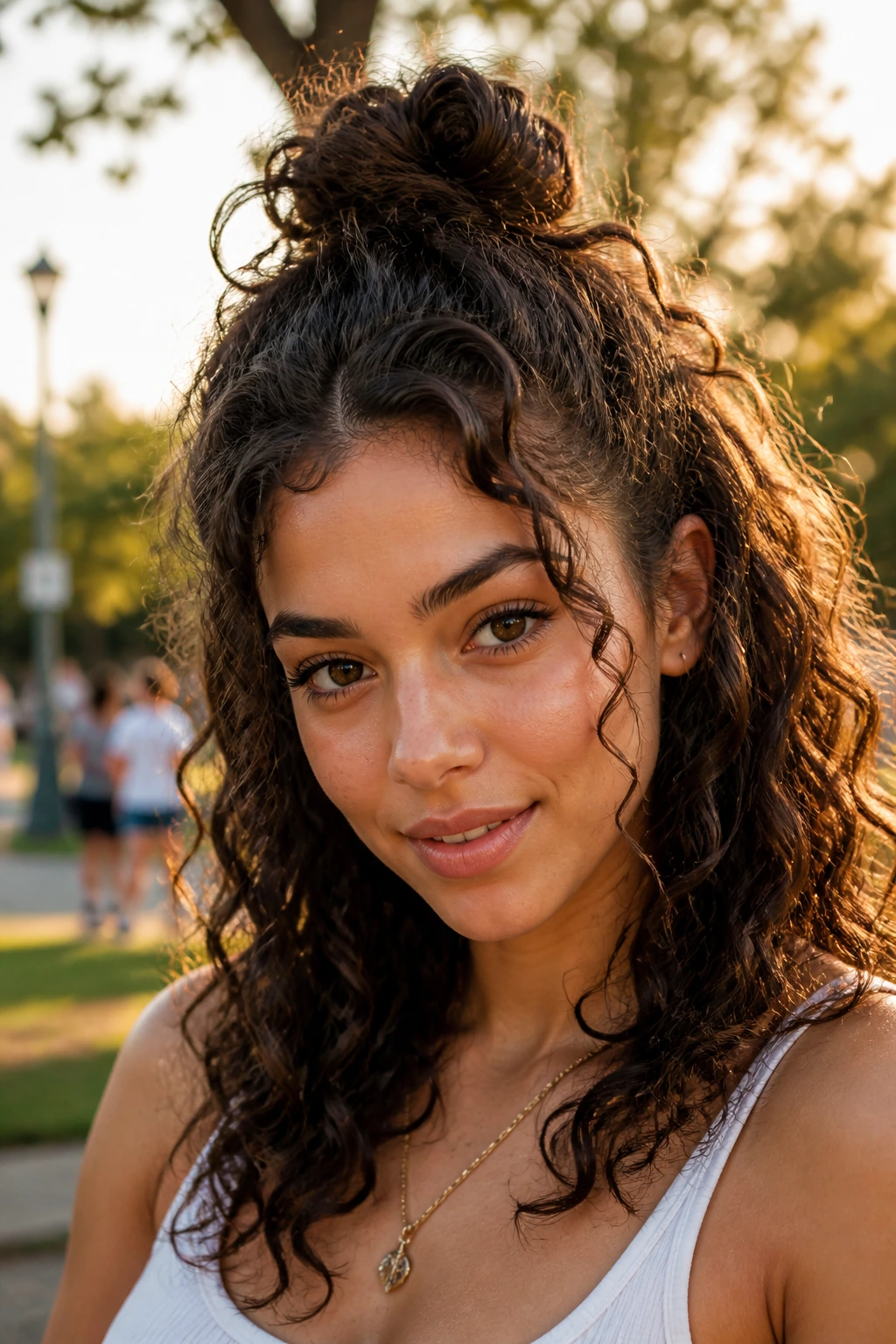 Close-up of a real person with a half-up top knot hairstyle