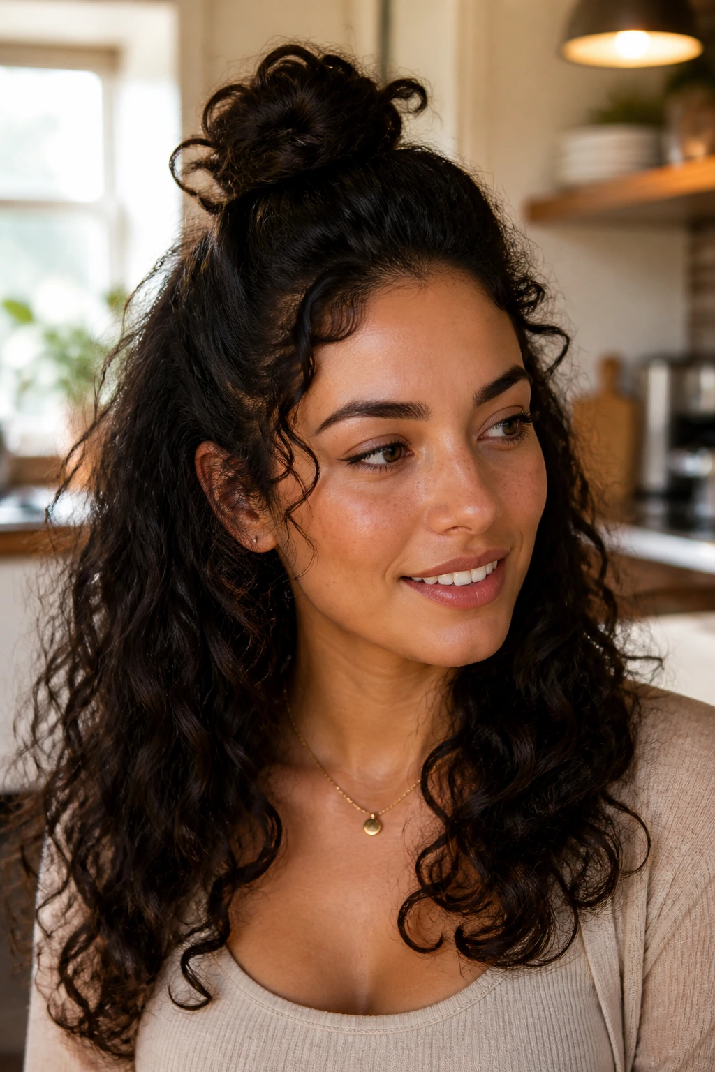 Close-up of a real woman with a half-up top knot in curly hair