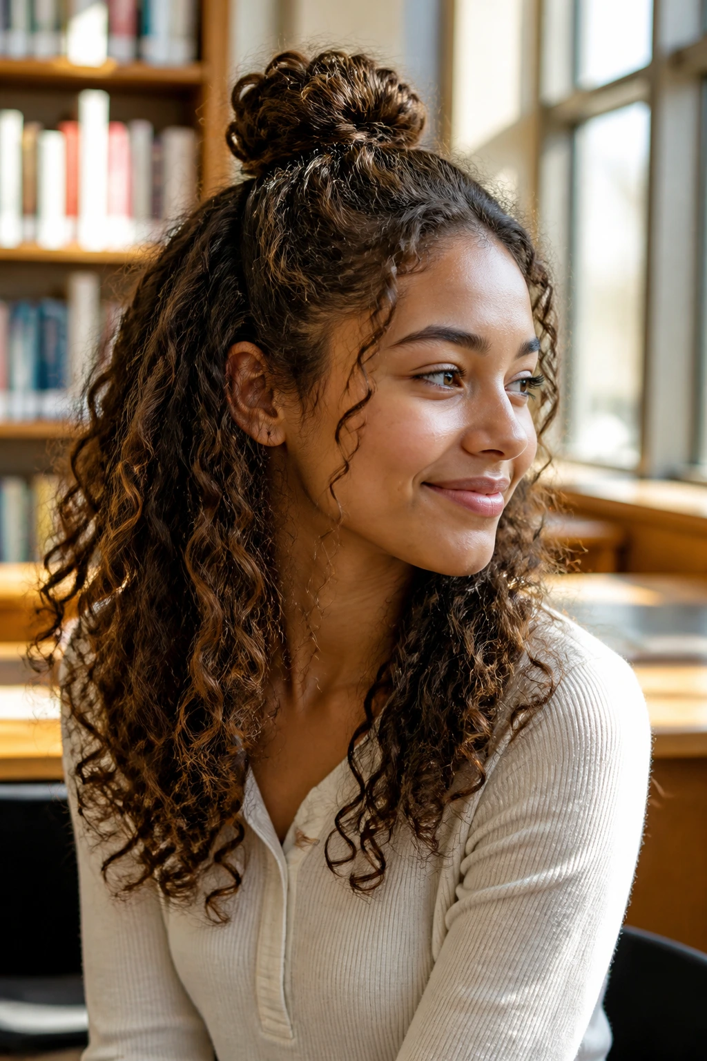 Close-up of a real student with a half-up top knot in a sunny library setting.