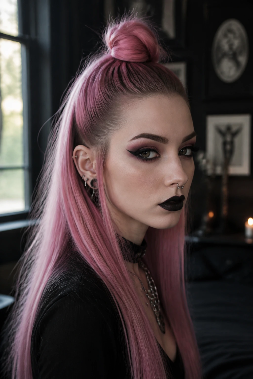Portrait of a real woman with half-up top knot and straight hair in a gothic setting