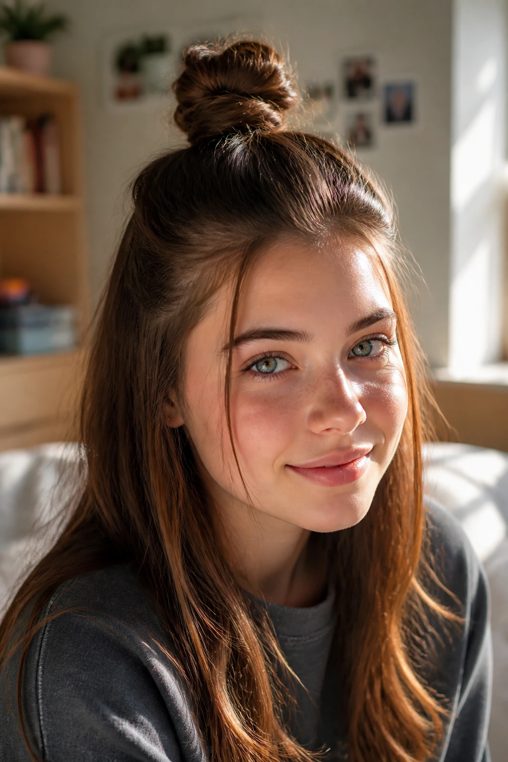 Real person with a half-up top knot hairstyle