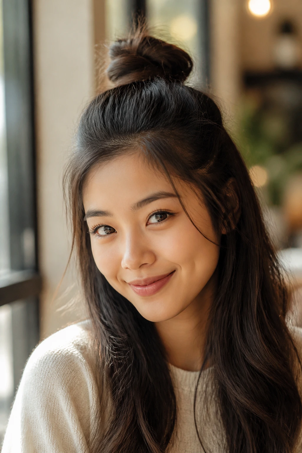 Close-up of a woman with a half-up top knot hairstyle