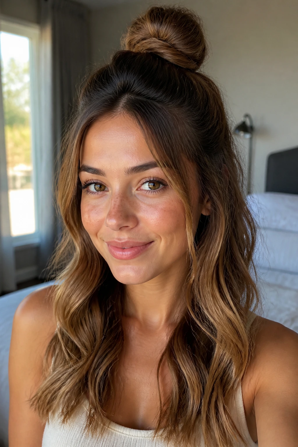 Close-up portrait of a real woman showing the half-up, half-down top knot with loose waves.
