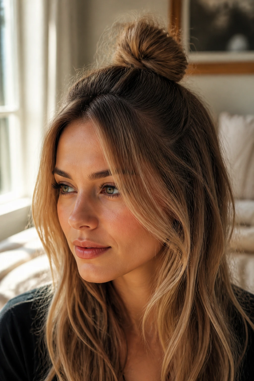 Close-up of a real woman with a compact half-up top knot in a sunlit bedroom