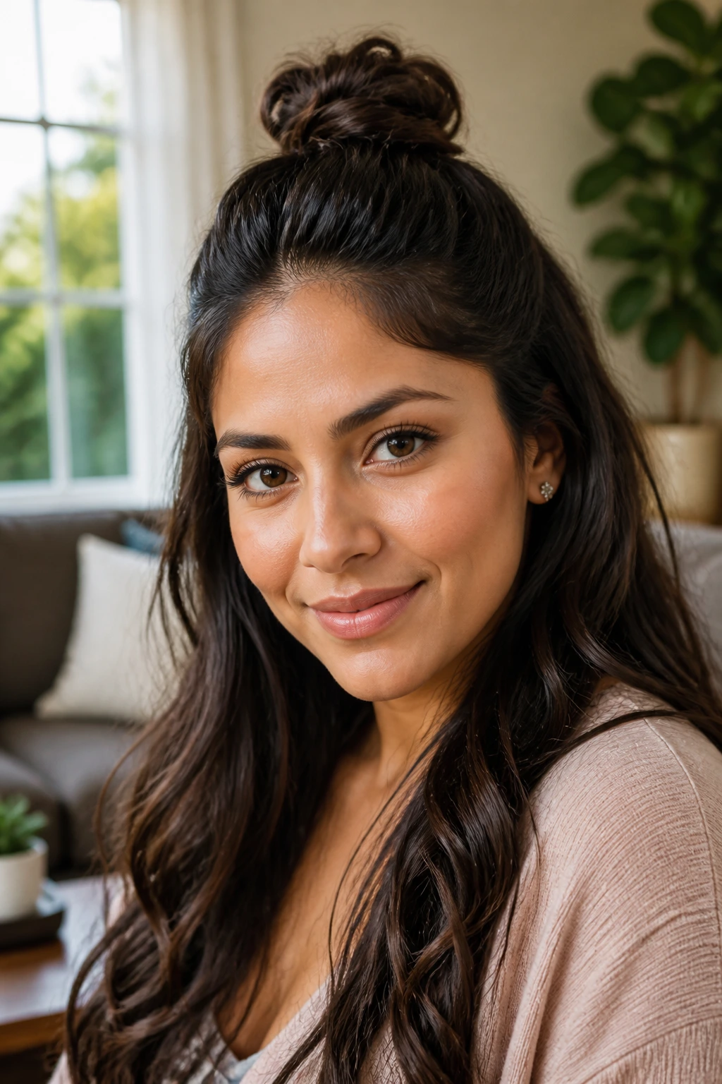 Close-up of a real woman with a half-up top knot.
