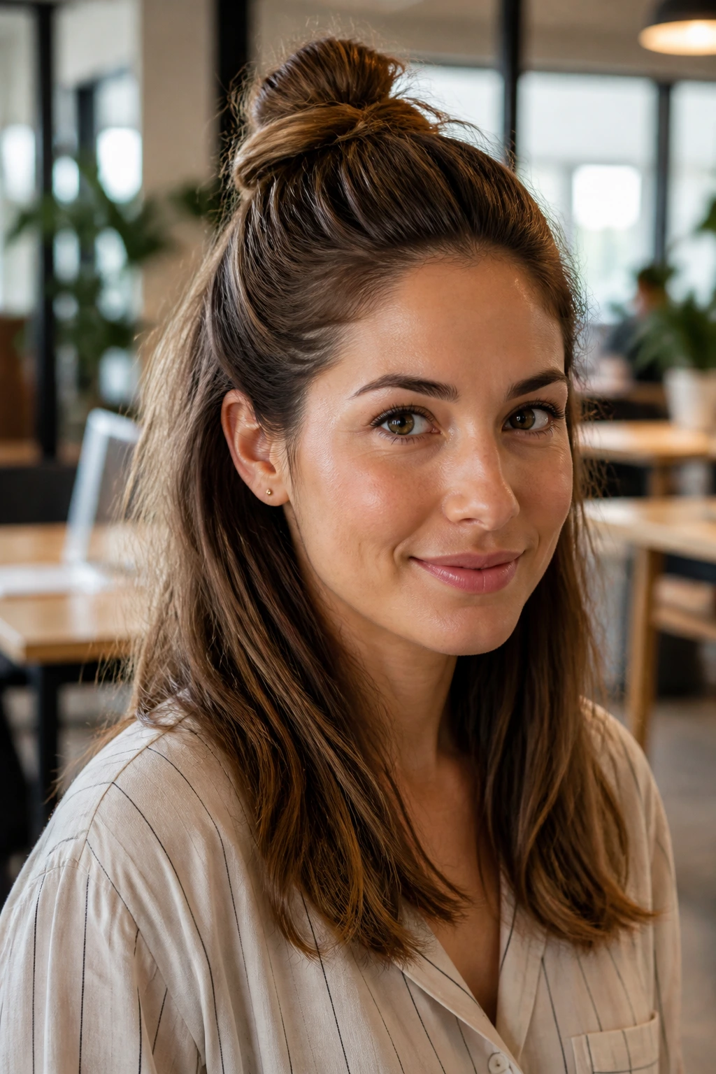 Real woman with a half-up top knot in a modern coworking space.